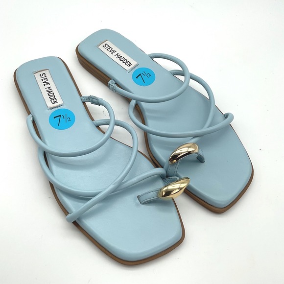 Steve Madden Shoes - Steve Madden Anine Light Blue Strappy Square Toe Flat Sandals Gold Hardware 7.5M